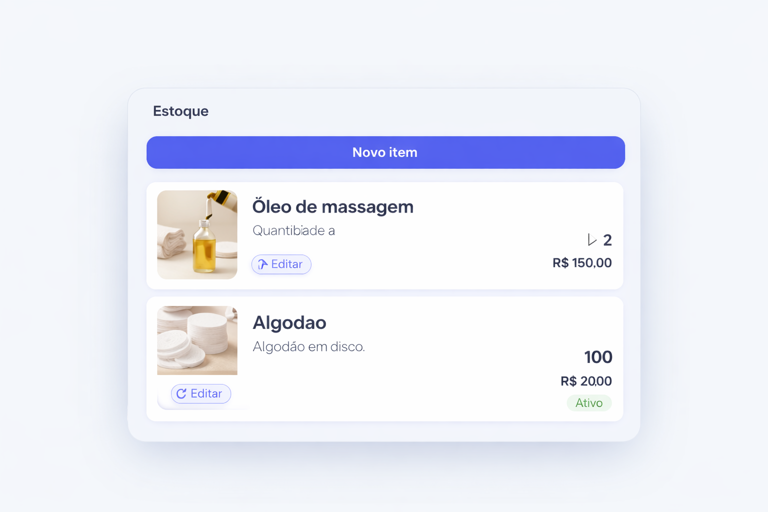 Tela de controle de estoque